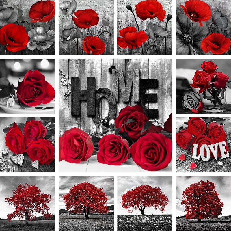 Resin Art Rose - Mosaico diamante vermelho preto arte paisagem